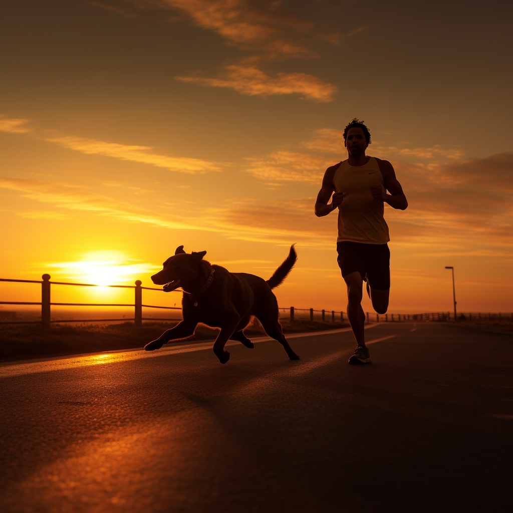 corriendo con perro al amanecer con perro 